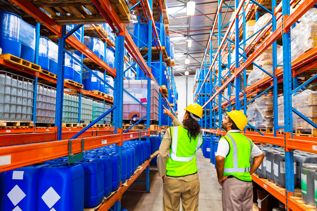 Two people working in a warehouse