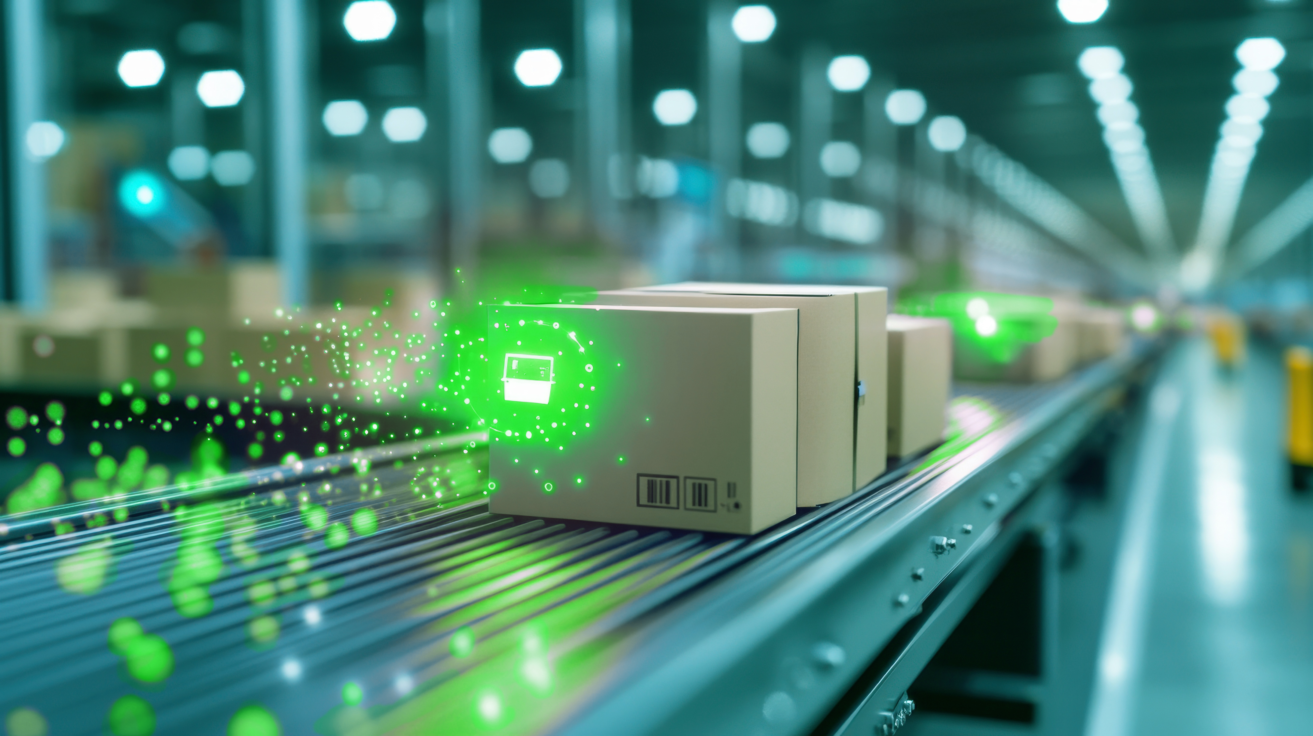 Packages on a conveyor belt in a warehouse